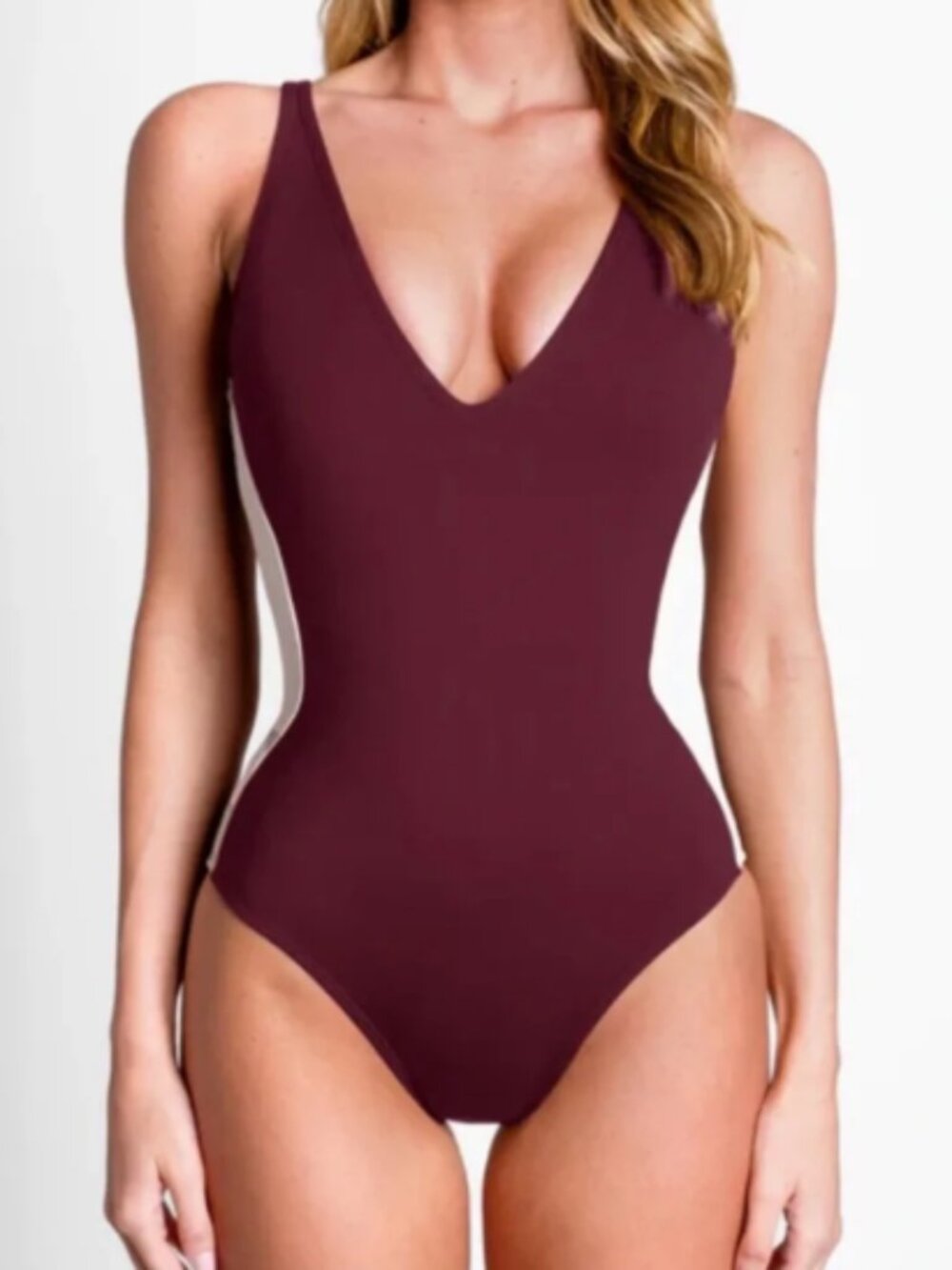 TA3 Plungey Contour One Piece Swimsuit NWT Dark Cherry/ Oat XL SHORT